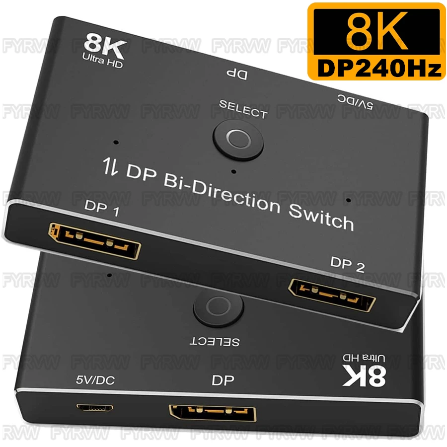 8K DP Splitter Switch Display port Switch Bi-Directional Manual Switch 2 in 1 Out Displayport Switcher DP1.4 Converter docking