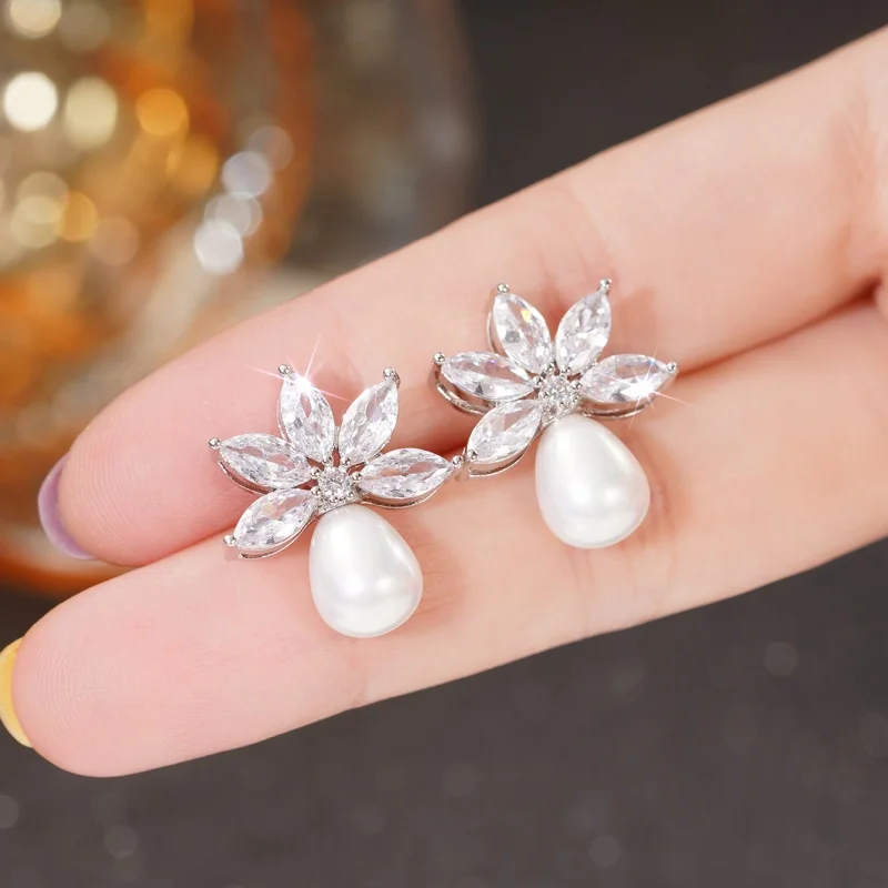 CAOSHI Fashion Contracted Silver Color Stud Earrings for Women Shiny Cubic Zirconia Accessories Imitation Pearl Wedding Jewelry