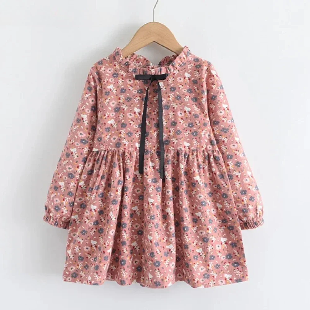 Herbst Mode Kinder Kleidung Lange Ärmeln Blume Gedruckt Bogen Dekoration Mädchen Casual Kleider Rosa Plissee A-linie Kleid