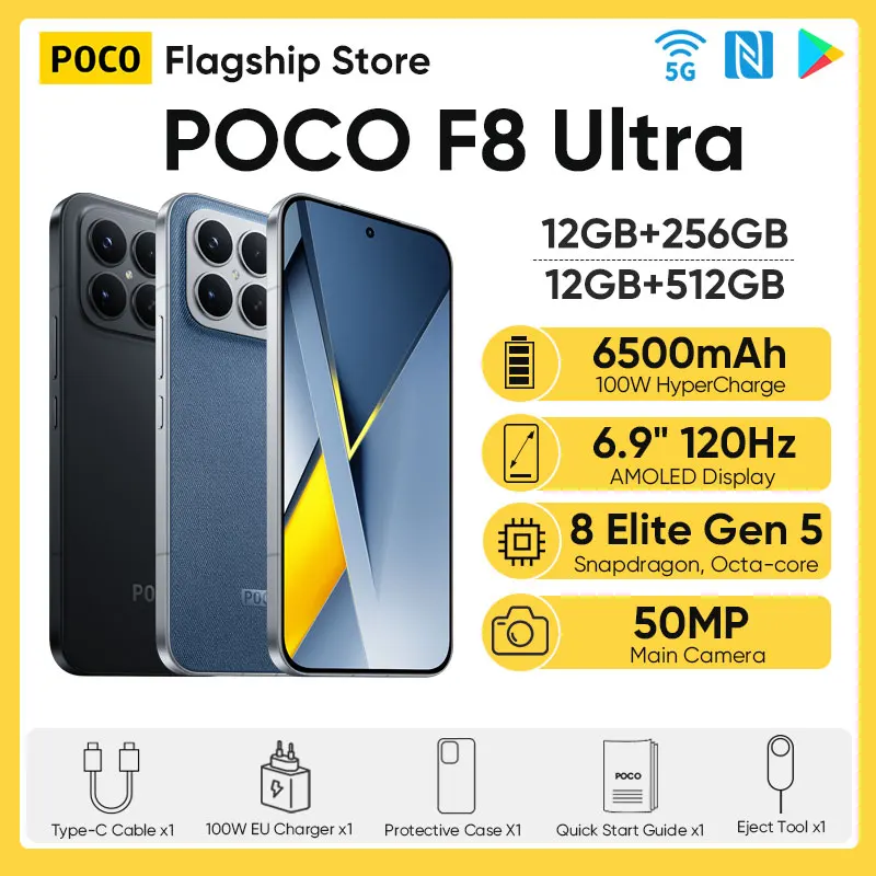 

Global Version POCO F8 Ultra 5G Smartphone Snapdragon 8 Elite Gen 5 6.9" Display 6500mAh 100W HyperCharge 50W Wireless NFC