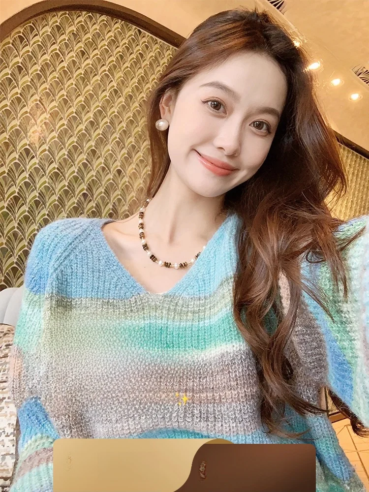 

MEIYANG Lav Knitted Sweater Wool Blend Polyester Fiber Long Sve V-Ne Commute Sle Loose Fit Women's Faion
