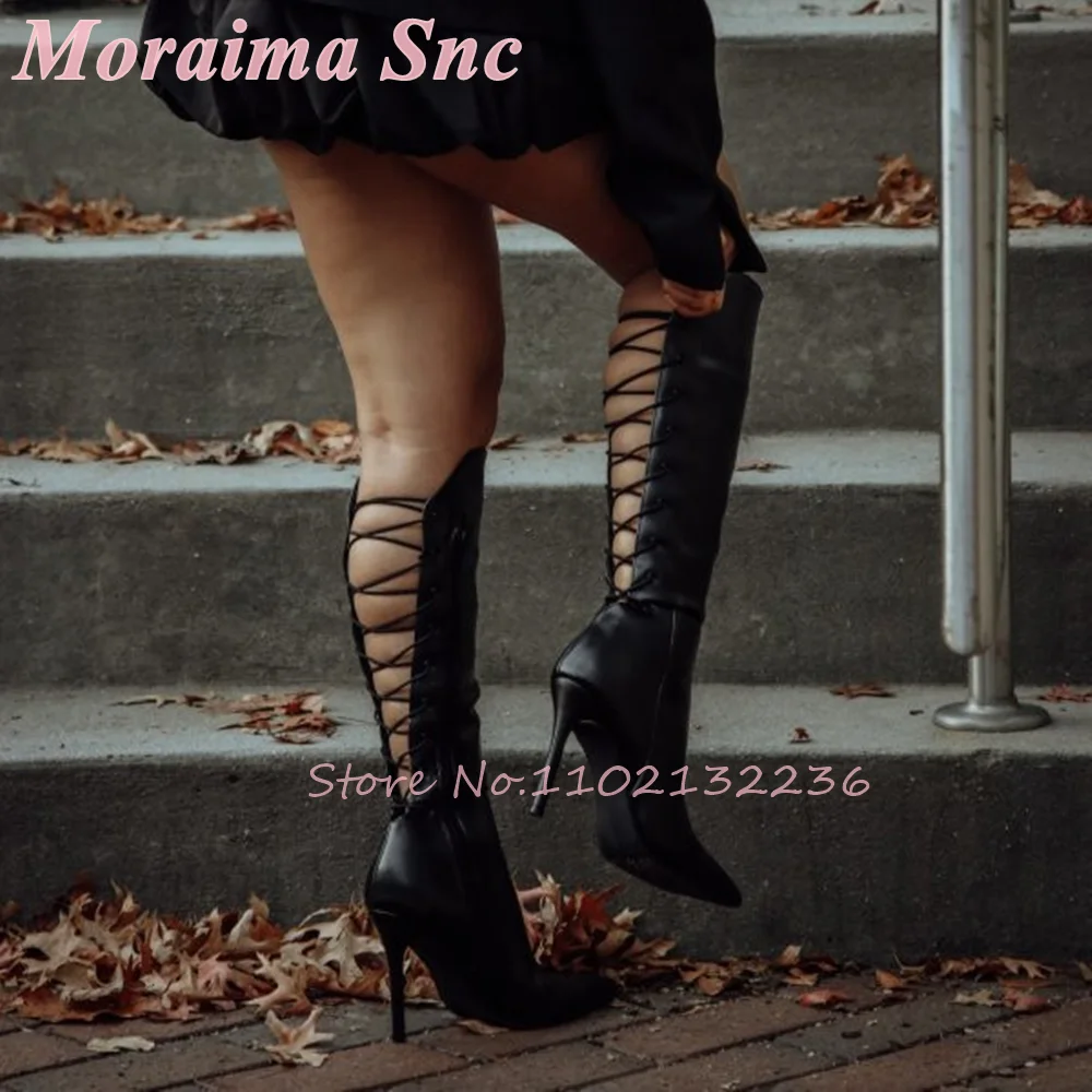 Pointed Toe Back Lace-Up Knee High Stiletto Heel Boots for Women Inner Side Zipper Edgy Dark Y2K Statement Footwear Nightclub