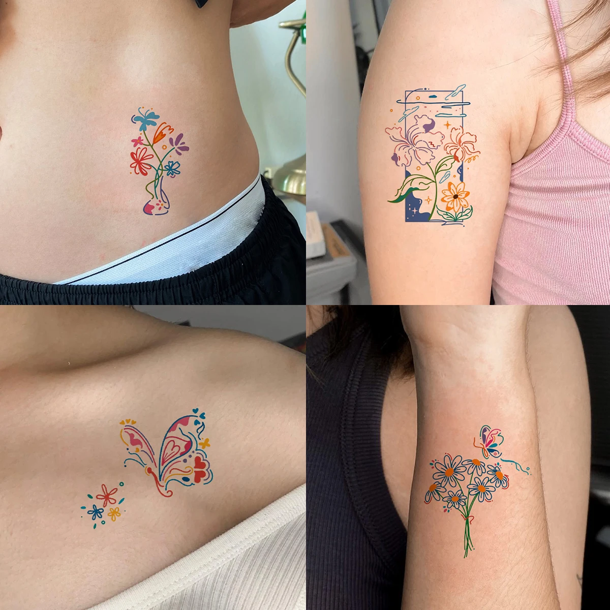 Autocollants de Tatouage Colorés à Motif de Fleurs et d'Animaux, 12 Pièces, Imperméables, Durables, Mignons, pour Bol, Art Corporel