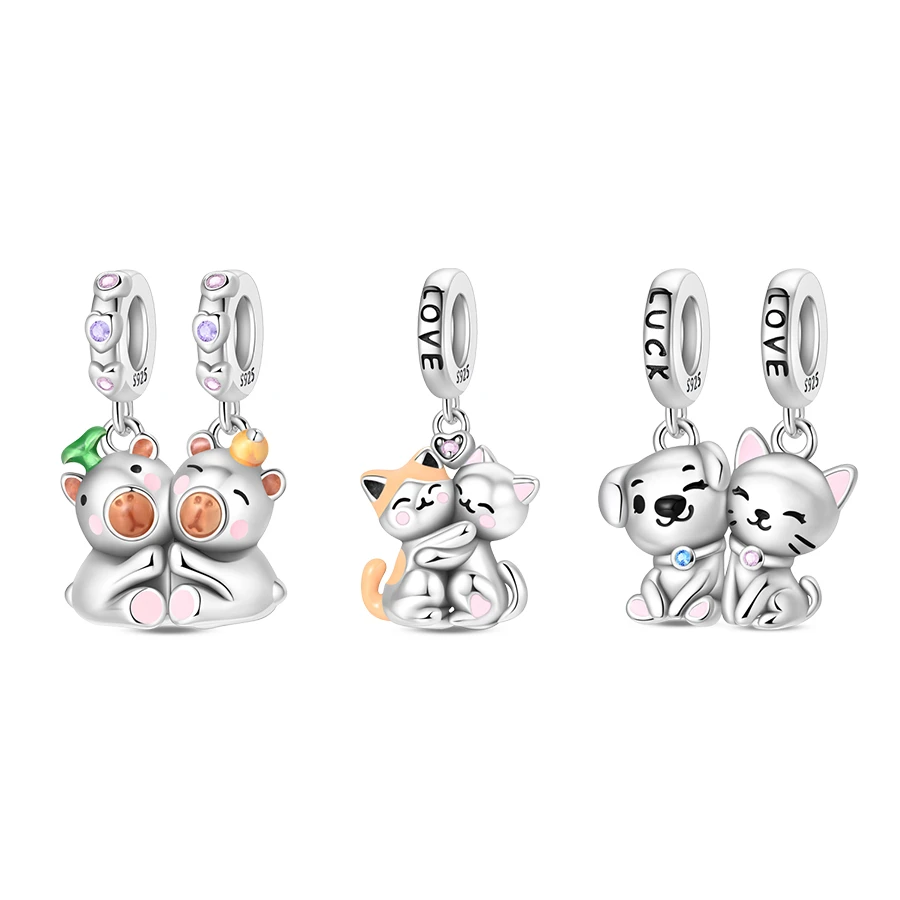 925 Silver Capybara Cat and Dog Pair Beads Cat Hug Pendant Charms Fit Pandach 925 Original Bracelet Fine DIY Jewelry