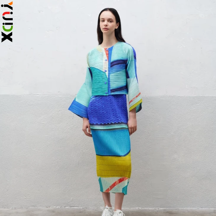 YUDX Miyake Pleated Color Block Pleated Cardigan Top Oversize Breathable Button Down Casual Womens Fashion Streetwear Clothing