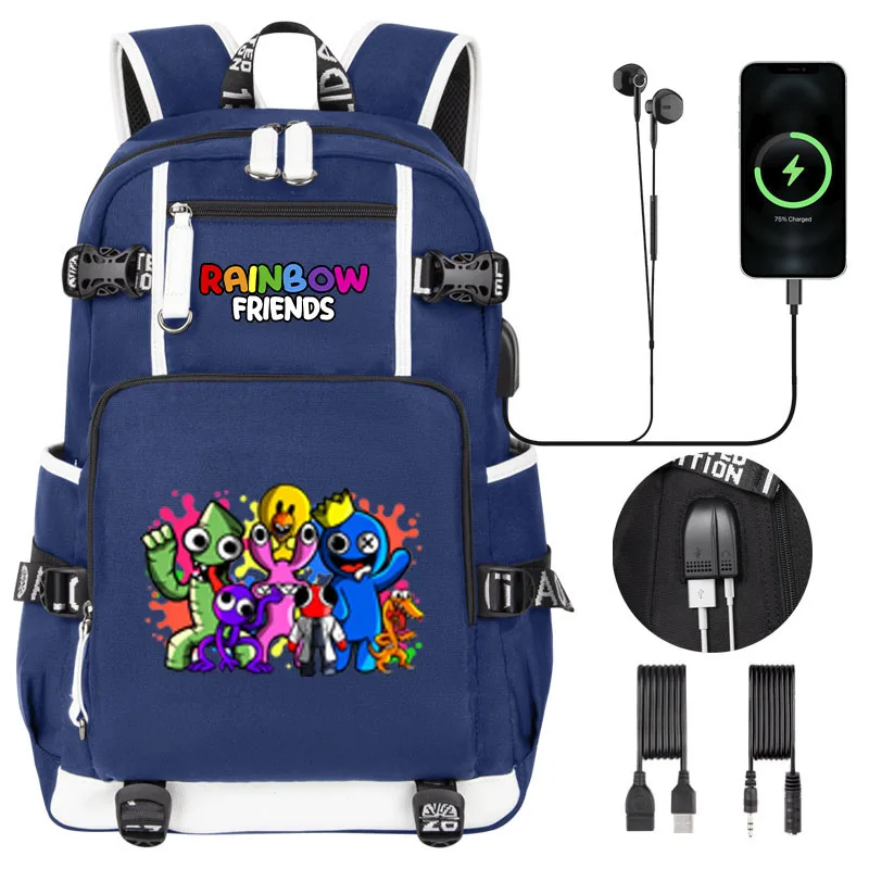 Imagem -05 - Mochila Escolar com Desenhos Animados para Menino e Menina Mochila de Grande Capacidade com Usb Arco-íris Amigos para Adolescente e Estudante