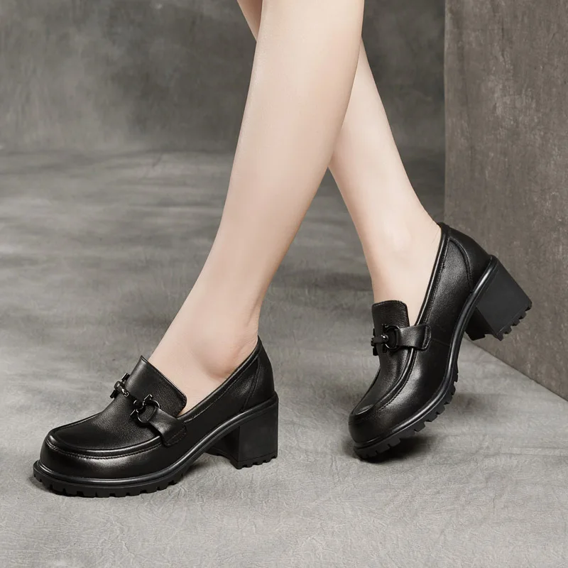 Spring 2021 New Thick High Heel Authentic Leather Pumps Washed First Layer Cowhide Deep Mouth Casual Buckle Leather  Booties