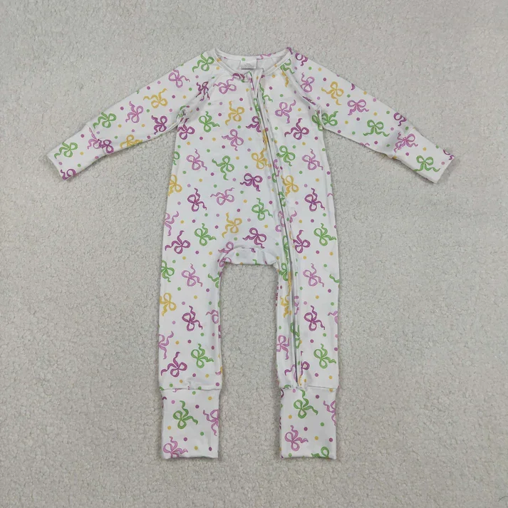 

Hot Sale Colorful Bows Dots Print Baby Girls Mardi Gras Sleeper Zipper Romper