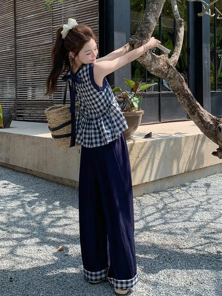 

Plaid Vest And Wide Leg Pants Set Women's Fashionable Outfit Two Piece Suite Summer New Arrivals Elegant Complete Look