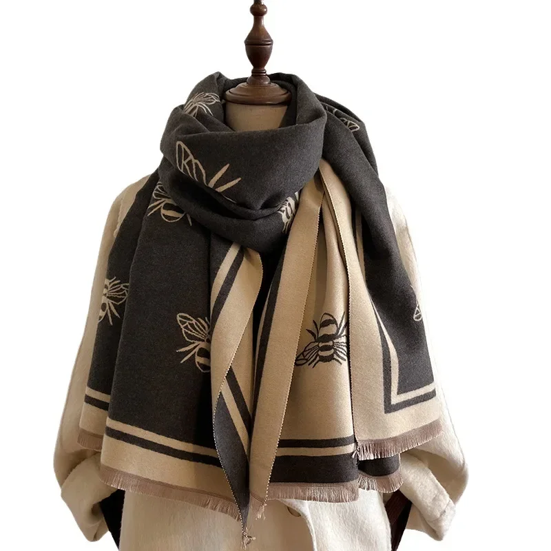 Warm Bee Cashmere Scarf Women Thick Simple Shawl and Wraps Ladies Blanket Winter Pashmina Luxury Designer Casual Black Scarf