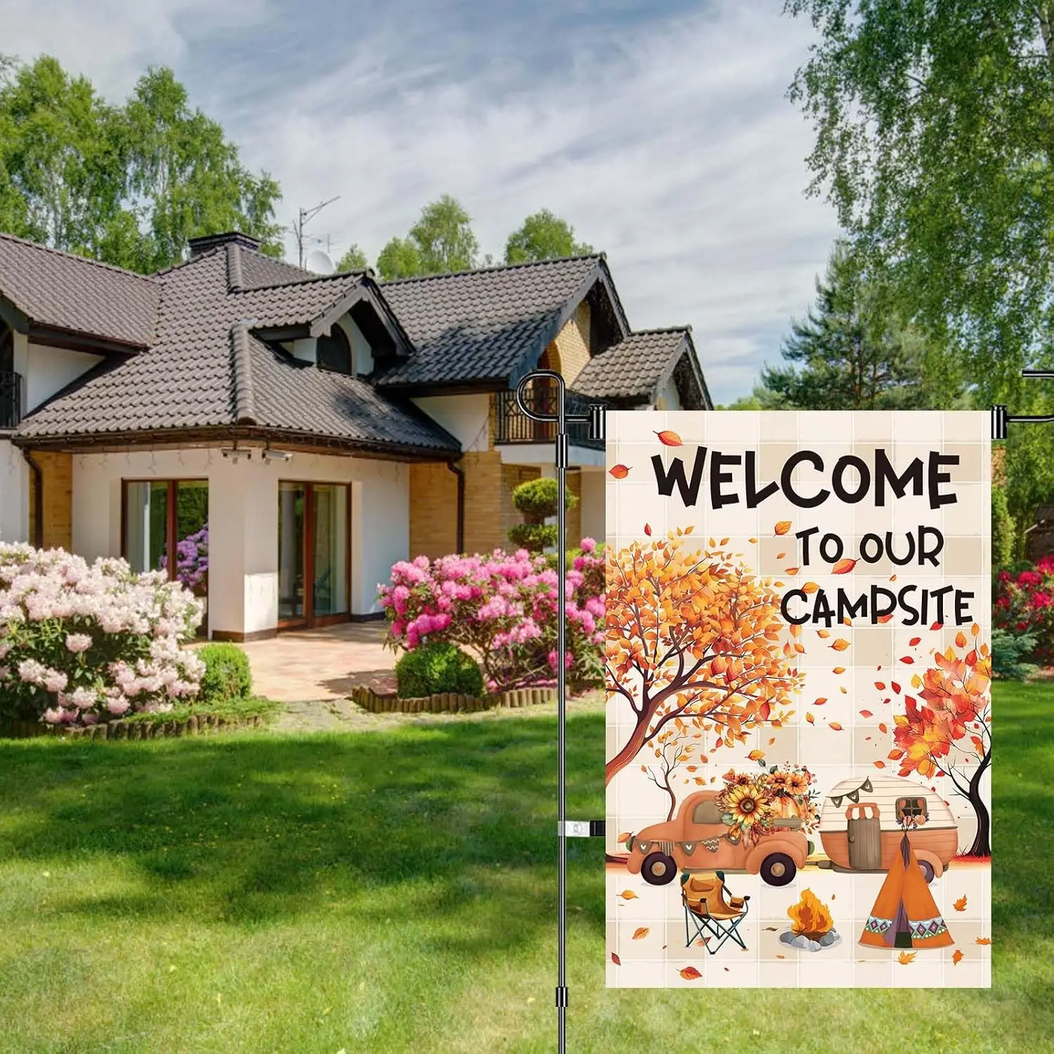 12x18 بوصة الخريف التخييم حديقة أعلام مرحبا بكم في مخيمنا حديقة العلم مزدوجة الوجهين البوليستر ديكور خارجي أعلام التخييم F FFI #4