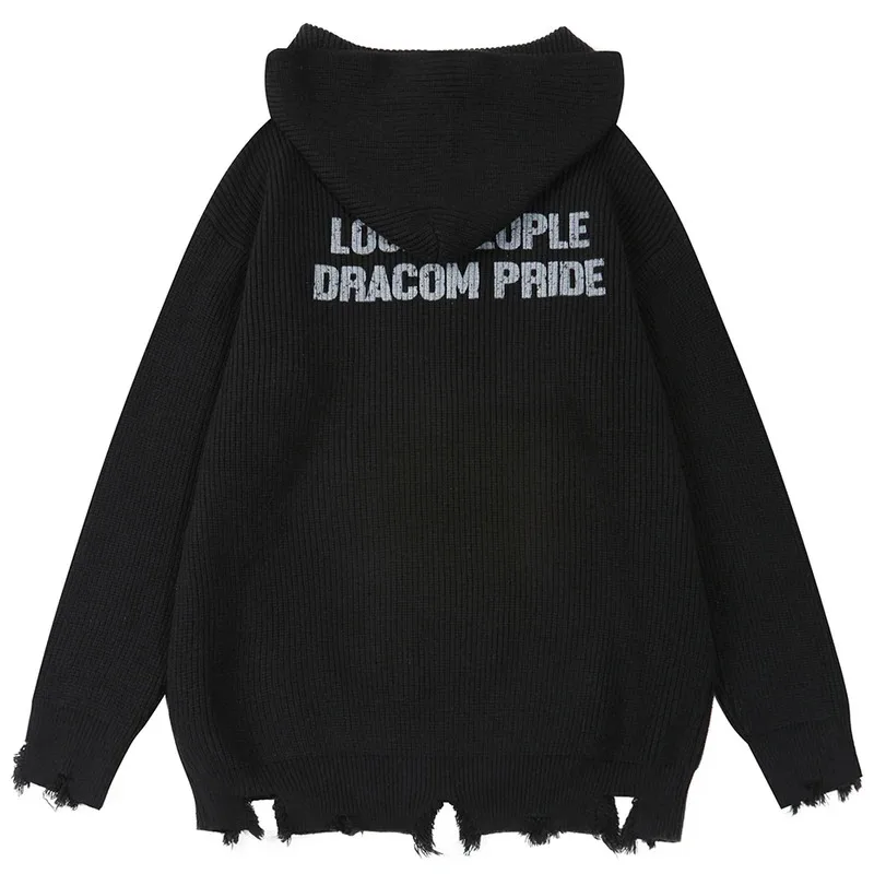 Streetwear Hip Hop Men Sweaters Ripped Tassel Hooded Sweaters Knit Jumpers Harajuku Oversized Sweaters Knitwear