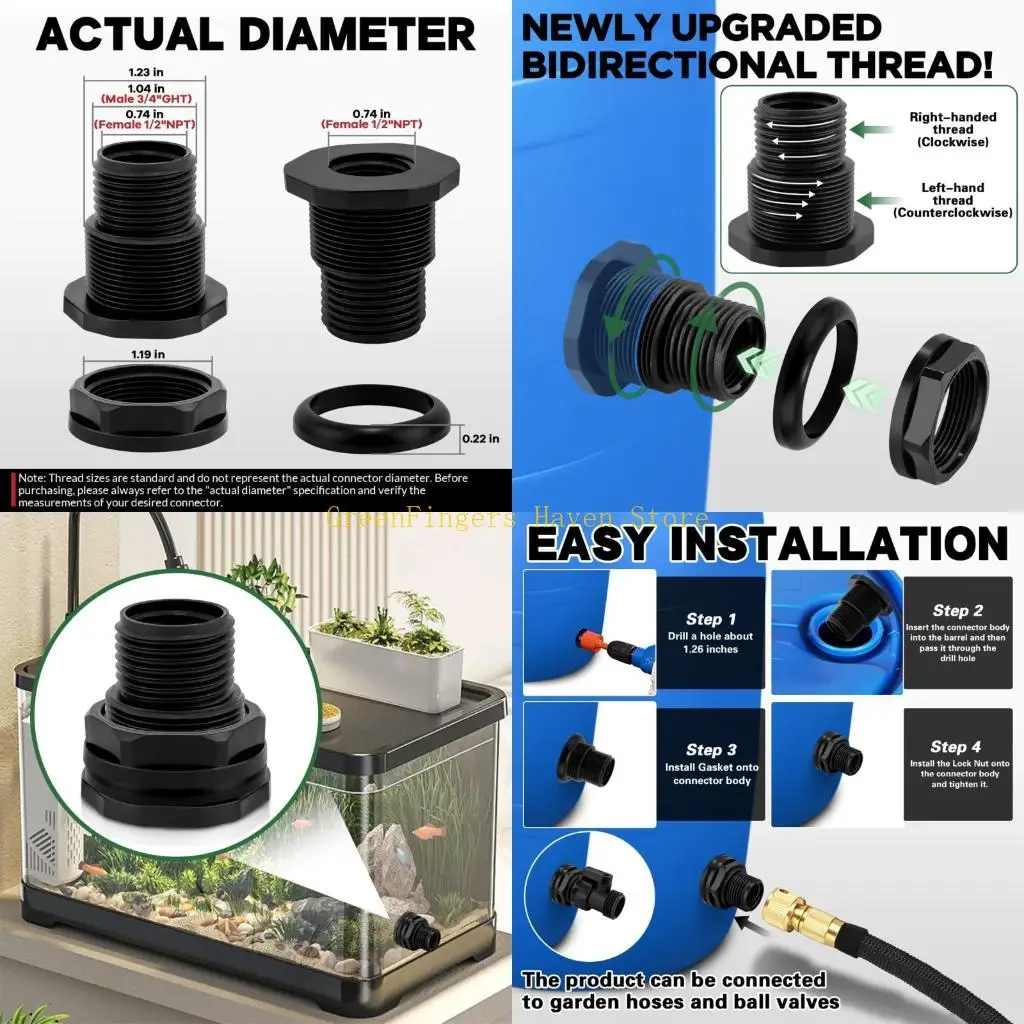 F68D 10pack Heavy Duty Water Adapters Tanks Joint Waterproofed Water Pipe Adapter for Rain Barrels And Pond