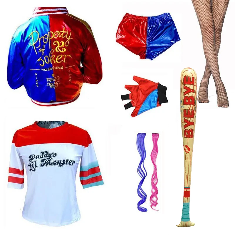 Girls Women Suicide Cosplay Harleys Costumes Kids Adult Quinns Monster Embroidery Jacket Pants Sets Carnival Anime Costume