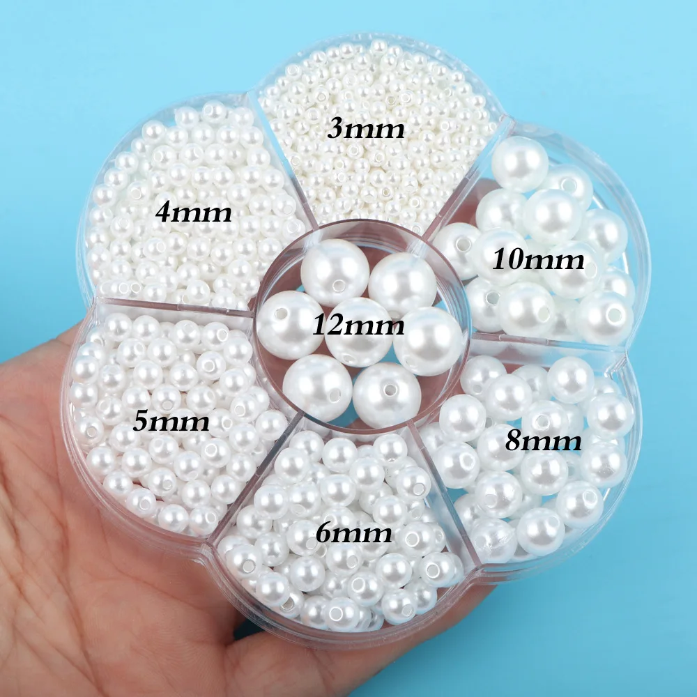 

1150pcs/Box 3-12mm Mix size Pure White/Pearl wtraight holes round imitation plastic pearl beads for needlework & Jewelry Making