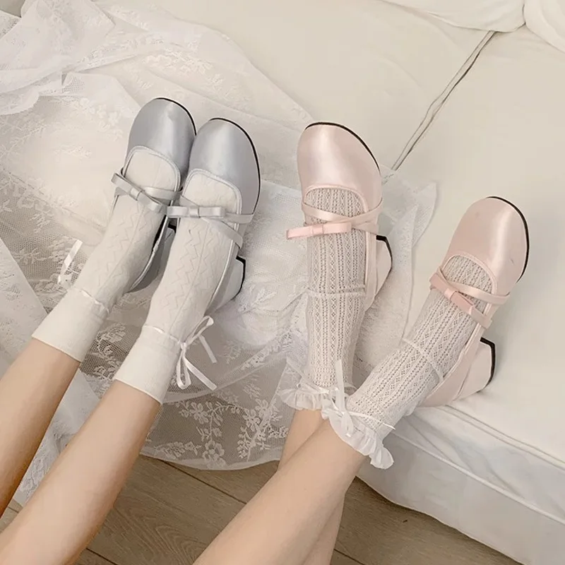 Nieuwe Vrouwen Hakken Glanzend Satijn Ballet Dunne Schoenen Zoete Ronde Neus Ondiepe Strik Lint Mary Jane Roze Hakken Meisjes Mooie Lolita Schoenen