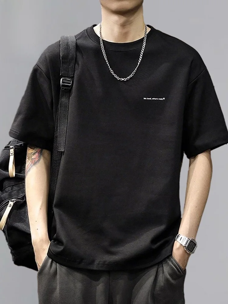 

Американская мужская футболка оверсайз из плотного материала, летняя, новая, однотонная, модная, брендовая, с коротким рукавом