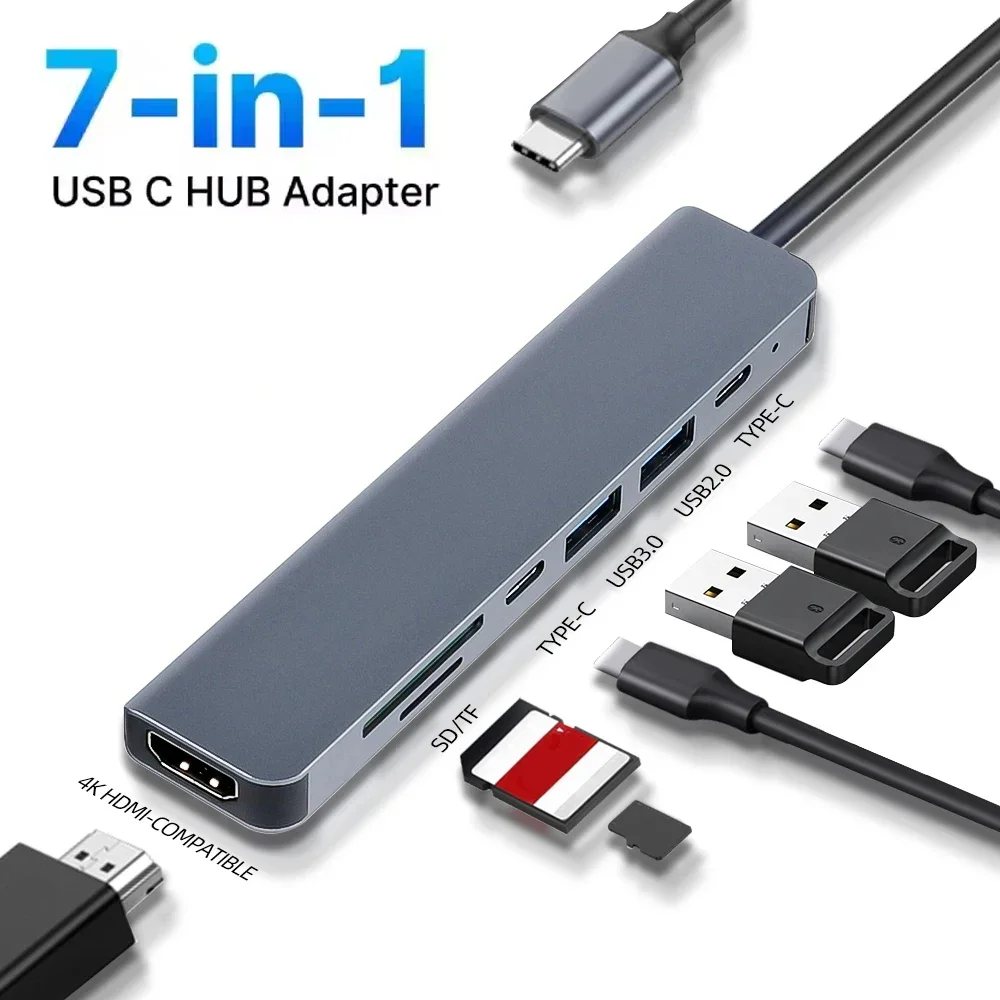 

USB-концентратор 7 в 1, адаптер HDMI 4K Type C OTG Thunderbolt 3 Dock PD TF SD Macbook iPad XPS Surface, совместимость для ноутбука