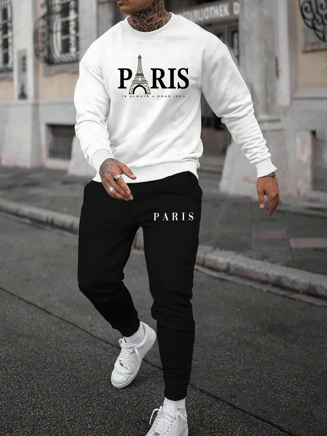 

Men's autumn and winter casual warm Paris pattern printed loose and thick velvet round neck sweatshirt+sports pants set