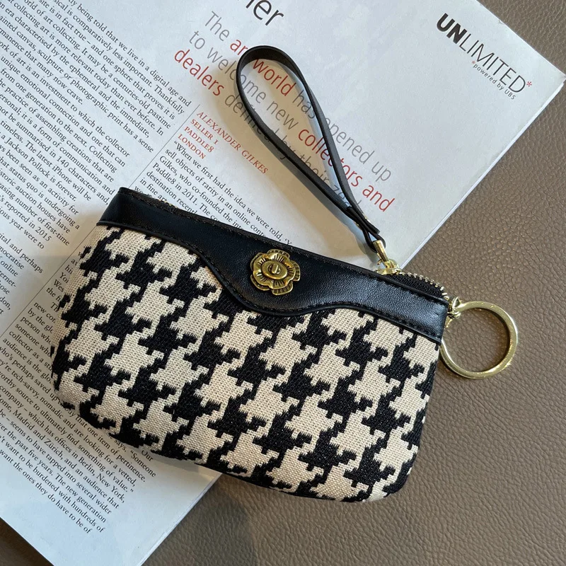 Houndstooth Bordado Porta-moedas para mulheres, mini carteira de couro genuíno com chaveiro, bolsa retro do titular do cartão Flower Lock, 2023