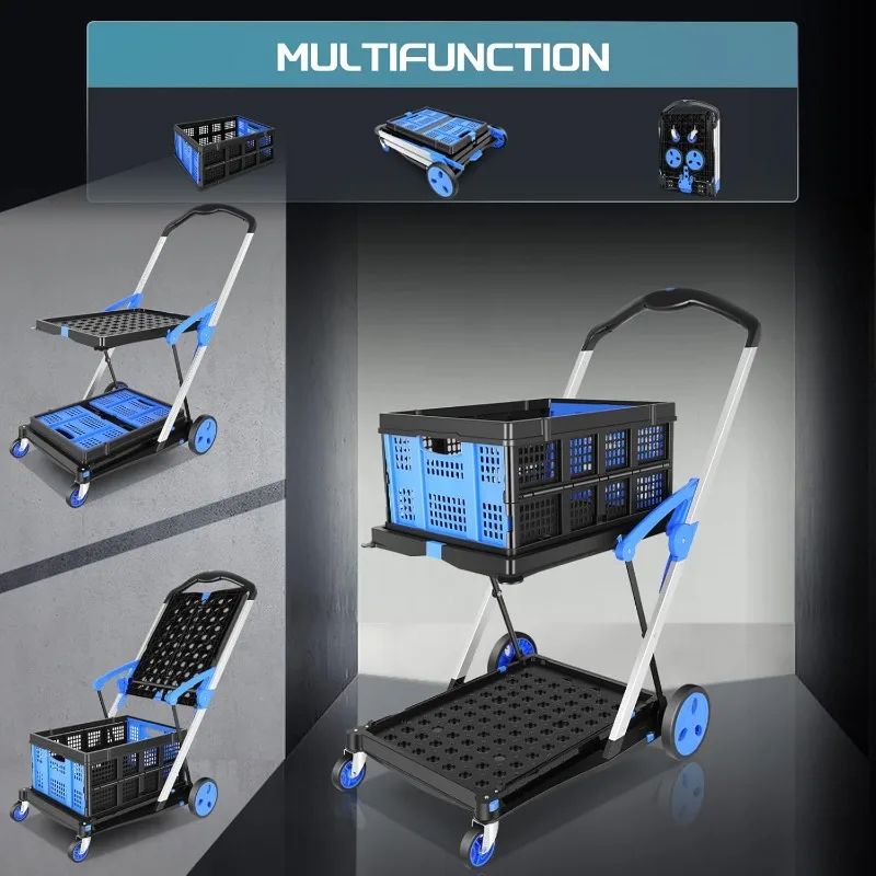 Collapsible Utility Cart Multi use Functional Shopping Carts with Storage Crate Adjustable Moving Cart Folding Trolley