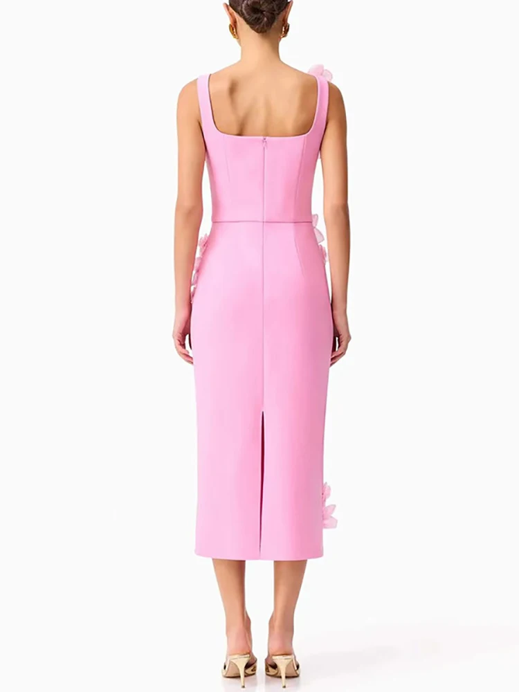 2025年 セクシーなスクエアネック スリングフラワー ロングドレス レディース ノースリーブ ジャージー 花柄 ボディコンドレス エレガントなイブニングパーティガウン