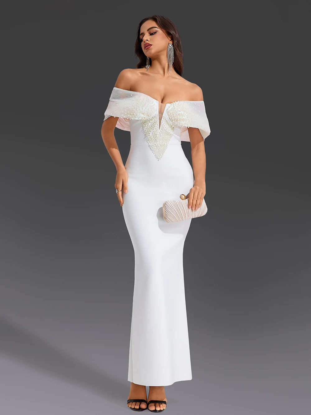 

Modphy Sexy Strapless Backless Pearl Beading Long Bandage Women Celebrity Dress 2025 Elegant Party Evening Club Vestido Clothing