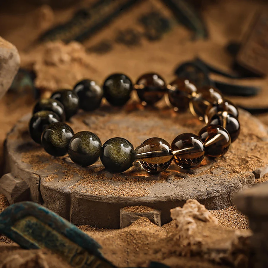 Natural Golden Obsidian Beads Bracelet Men Natural Smoky Crystal Women Jewelry Purification of the Mind Yoga Meditation Pulsera