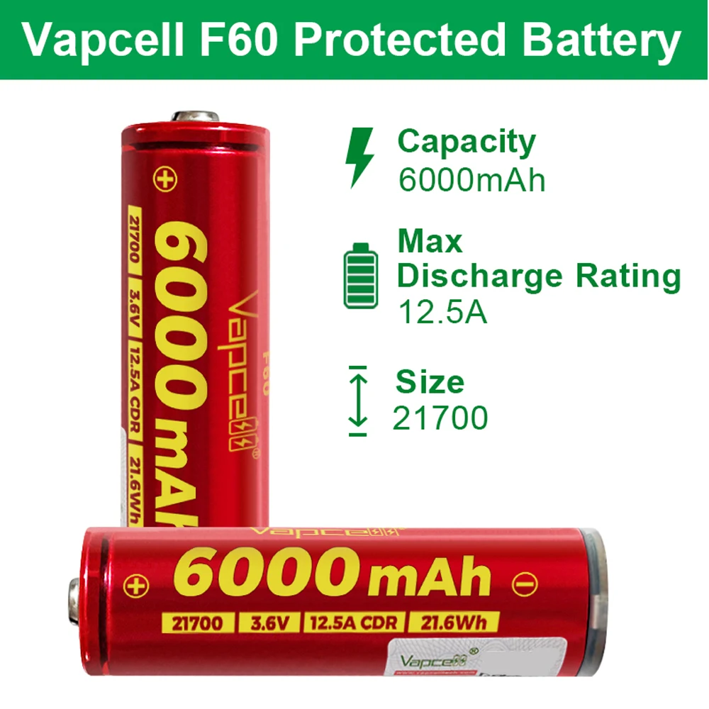 Original Vapcell F60 INR21700 6000mAh 12.5A 3.7V PCB Cell High Capacity 21700 Lithium Battery For battery pack Flashlight