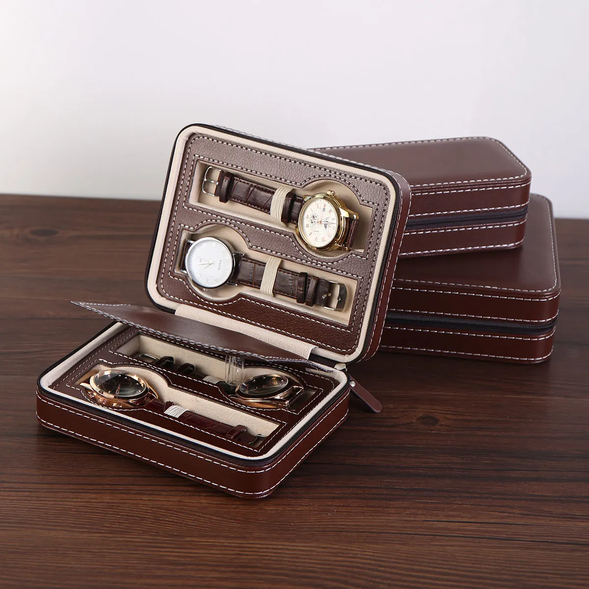 قطعة واحدة، صندوق تخزين الساعات العتيقة، صندوق ساعة عالي الجودة من جلد البولي يوريثان، صندوق بسحاب، صندوق مجوهرات محمول، صندوق عرض مدمج #2