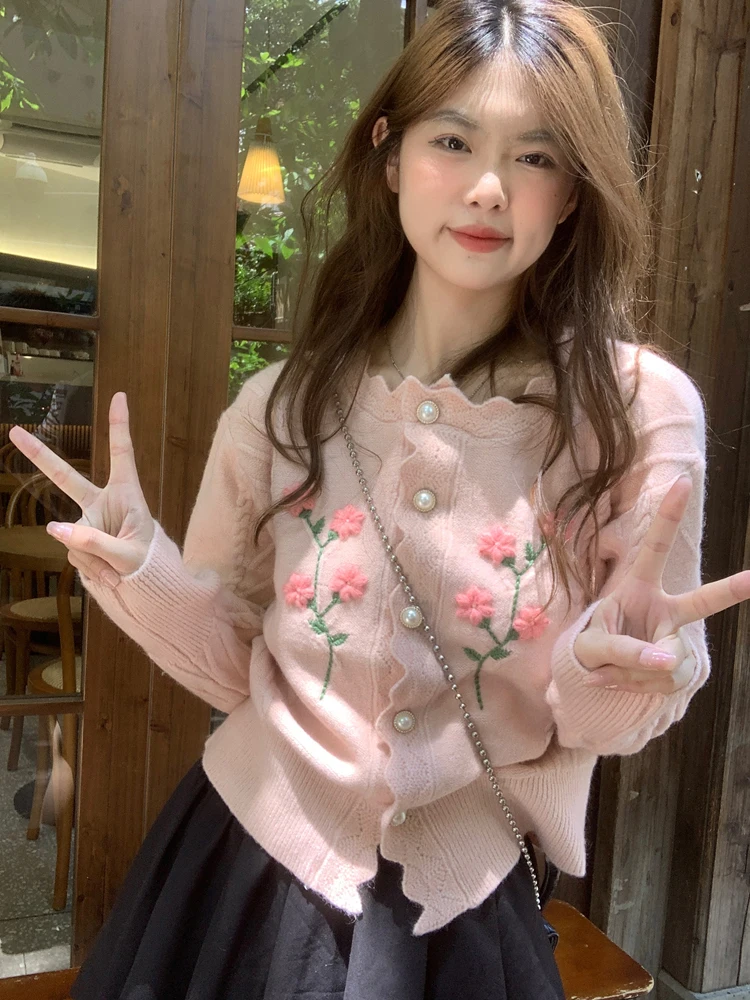 KIMOKOKM Korea Preppy Style Sweet Girl Crochet Hollowed Out O-Neck Cute Flower Twists Cardigan Full Sleeve Pink Knitting Sweater