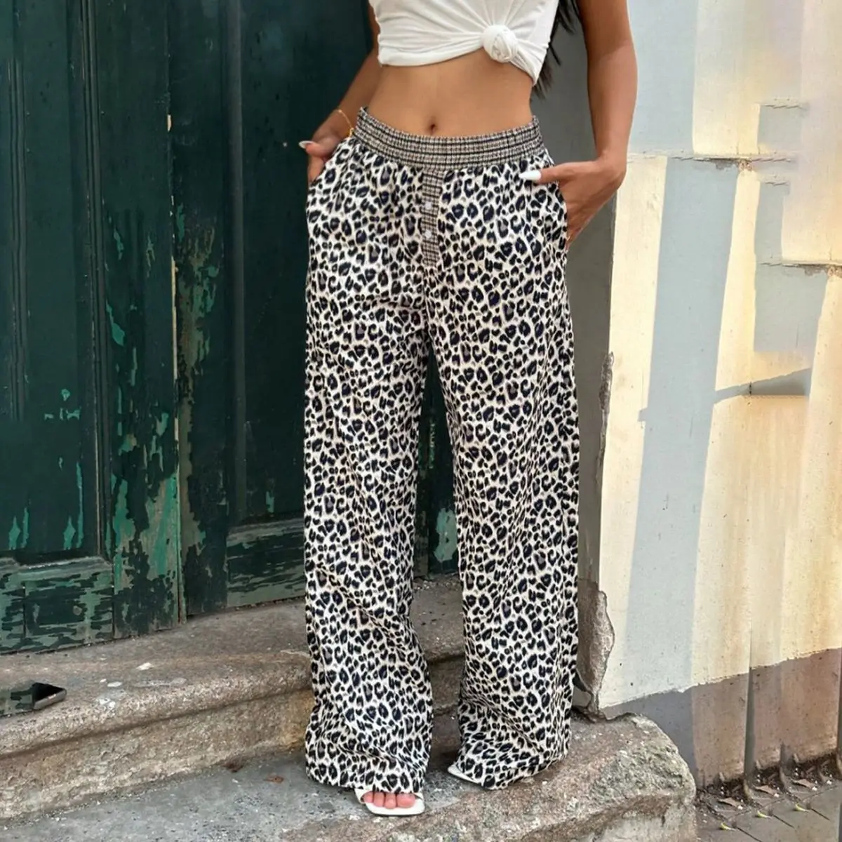 Pants Low Waist Women Summer Goth Chrome Alternative Polka Carnival Training Flared Y2K Middle-Aged Leopard Wide Korean Oversize view 4