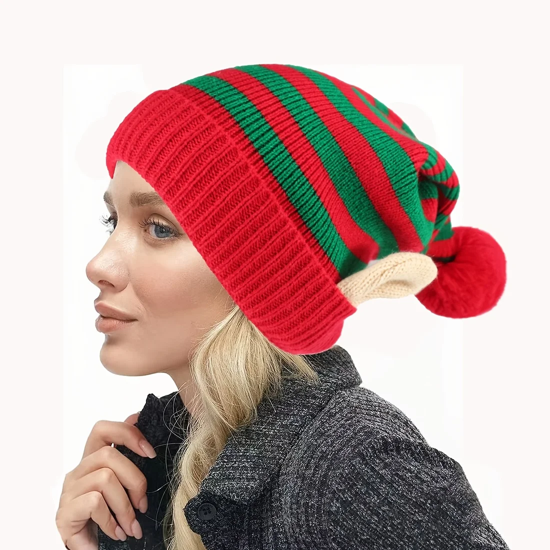 1PC Christmas Holiday Gift Striped Pattern Christmas Hat with Small Ears Xmas Cap Holiday Knitted Hat Winter Party Accessories