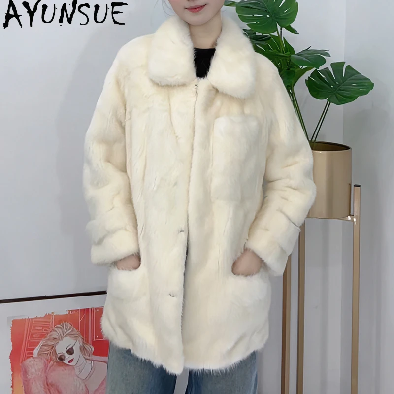 

AYUNSUE Real Fur Coat Women Clothes Natural Mink Womens Coats Warm Mid-length Winter Jacket 2025 New in Outerwears Шуба Женская