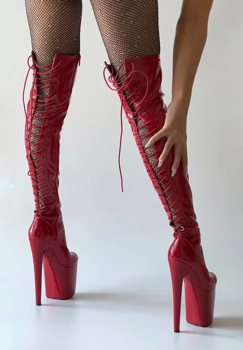 20cm Lace Up Over The Knee Boots 8Inch Platform Sexy Fetish Nightclub Thin Heels Catwalk Strip Pole Dance Big Size Gothic Women