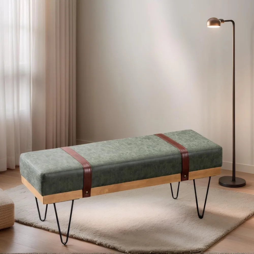 Moderne Aufbewahrungsbank aus Kunstleder mit Haarnadelbeinen für den Eingangsbereich und im Industriestil