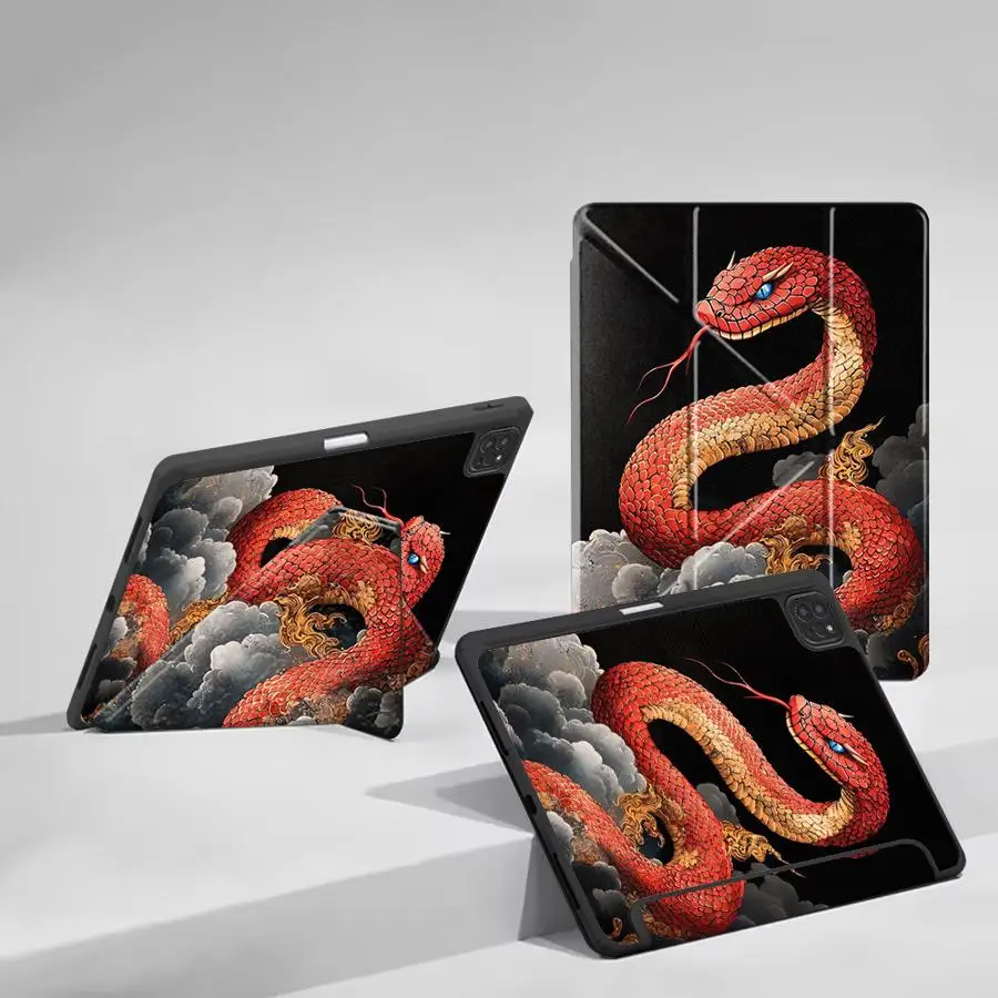 

Чехол для планшета iPad Pro 10-го, 7-го, 11-го, 9-го, 8-го поколений, Air 2025, 4, 5, M3, Air M2, 1, 2, M4, Mini 7, 6, с держателем, красный, с рисунком змеи