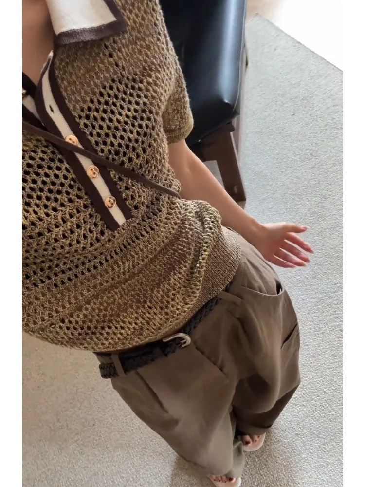 Y2K حجم كبير الصيف متماسكة تي شيرت للنساء الذهبي البني الجوف خارج فضفاضة تناسب بولو طوق بلايز تصميم فريد الأمريكية الرجعية المحملة