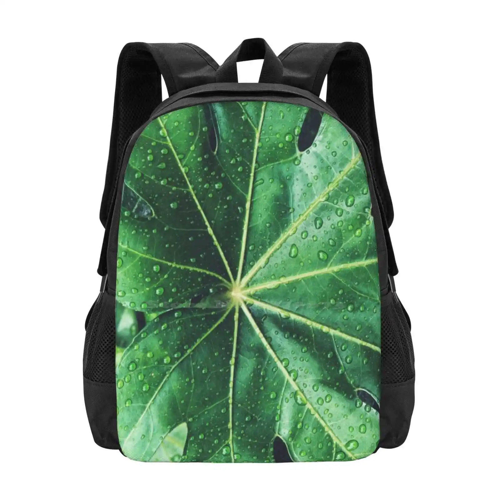 Rainy Day Leaf Pattern Design Bag Student'S Backpack Plant Nature Leaf Green Rain Water Droplets Tropical