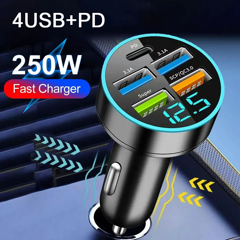 250W 5 Ports Car Charger Fast Charging PD QC3.0 USB C Car Phone Charger Type C Adapter in Car For IPhone Samsung Huawei Xiaomi