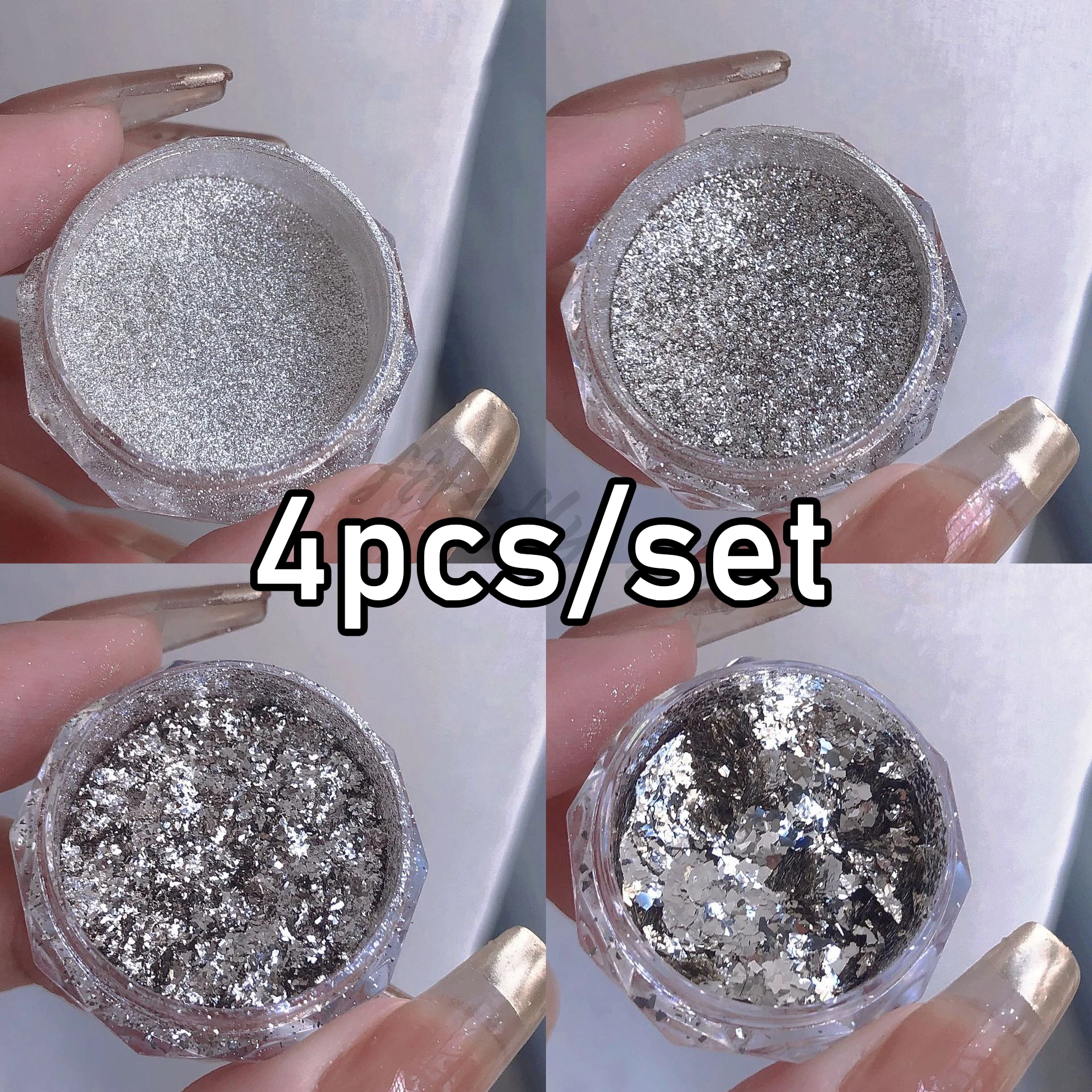 

4jar 0.5g Silver Crystal Diamond Nail Glitter Powder Ultra-Thin Silver Holographic Nail Sequins For Women Shiny Manicure Pigment