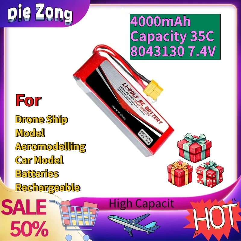 In Stock  For Drone Ship Model Aeromodelling Car Model Batteries Rechargeable 4000mAh Capacity 35C Magnification 8043130 7.4V