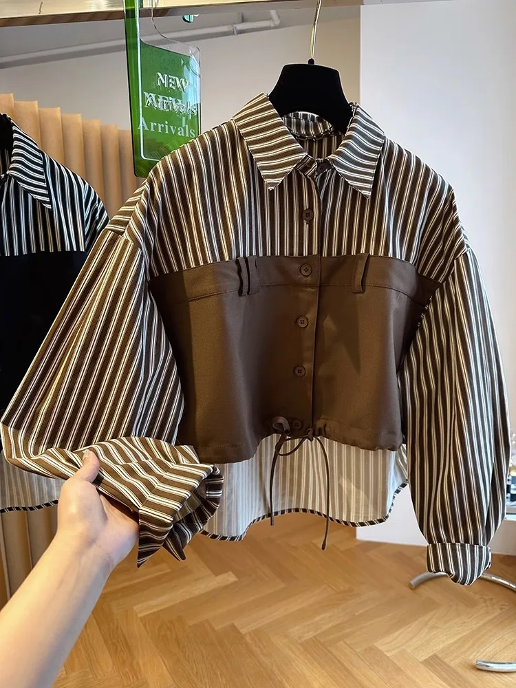 

plus Size Women's Patchwork Slimming Shirt Autumn Striped Cover Belly Fashionable Casual Long Sleeve Button up Top