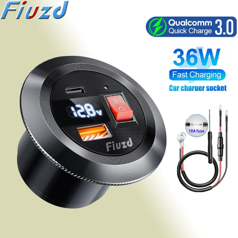 Fast Car Charger Socket PD3.0 & QC3.0 Double USB C Ports with LED Switch 54W Fast Charging 12V/24V For Moto Adapter