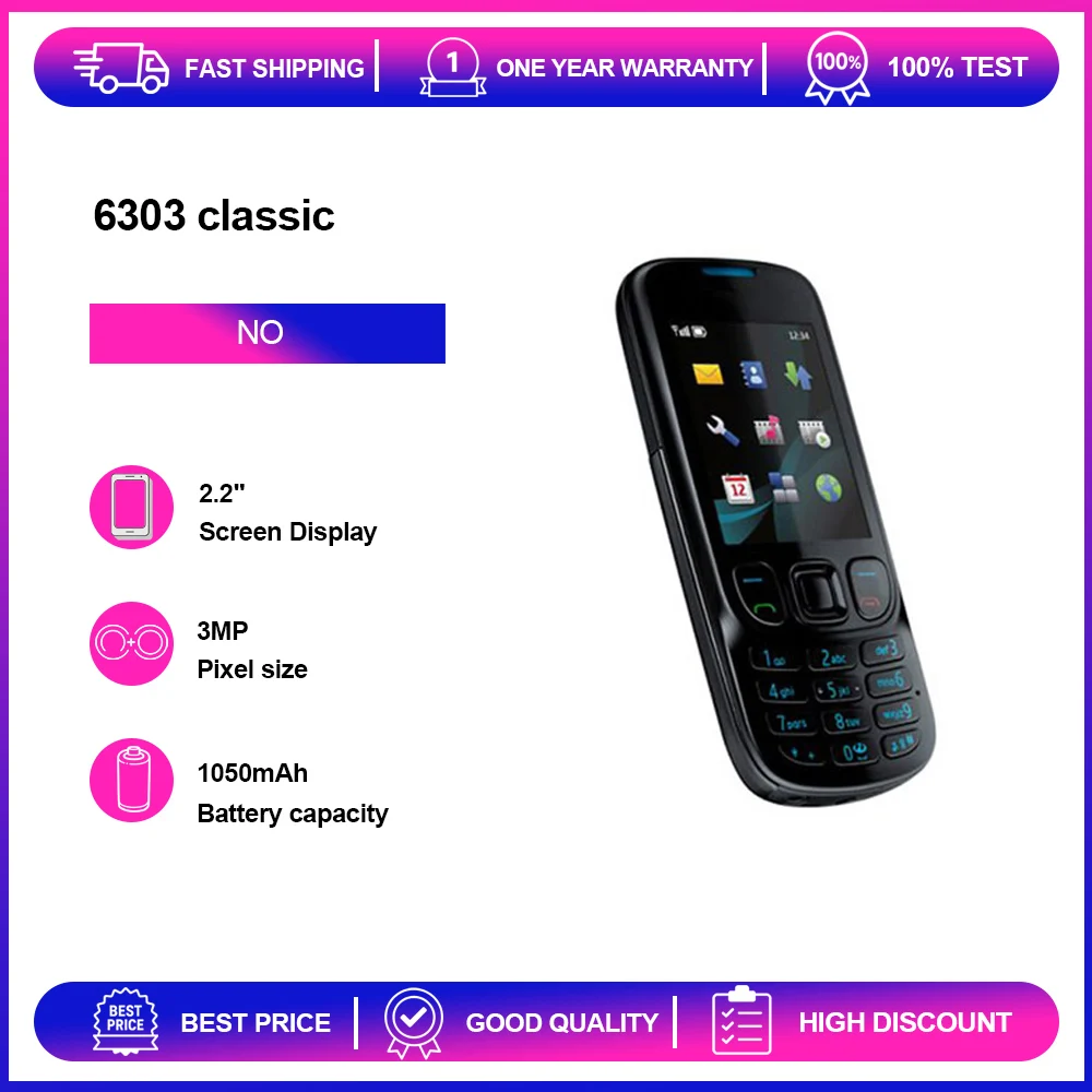 Teléfono Desbloqueado Reacondicionado 6303 Classic 6303C 3MP 2G GSM 900/1800 1050mAh con Teclado en Ruso, Árabe y Hebreo