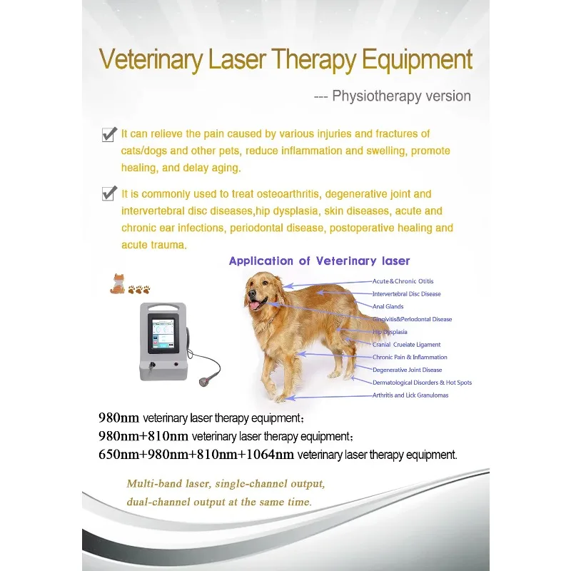Three-wavelength (980/915/810nm) Pet Physiotherapy Machine Inflammation Relief, ENT Function & Dermatology Treatment