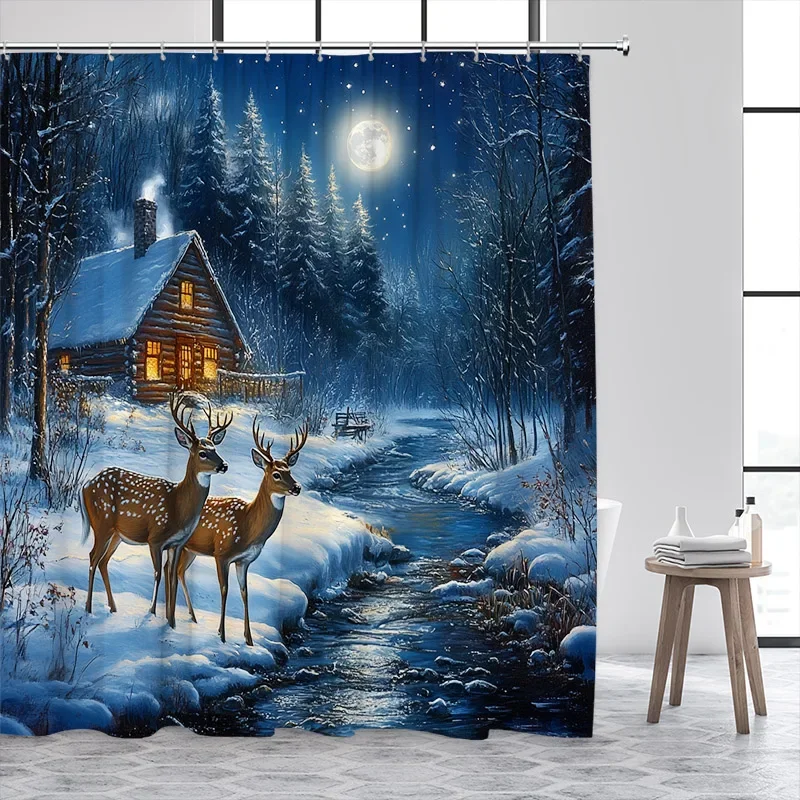 Winter Forest Elk Shower Curtain Snow Whitetail Deer Streams Farmhouse Cedar Christmas Home Bathroom Decor Bath Curtains Set