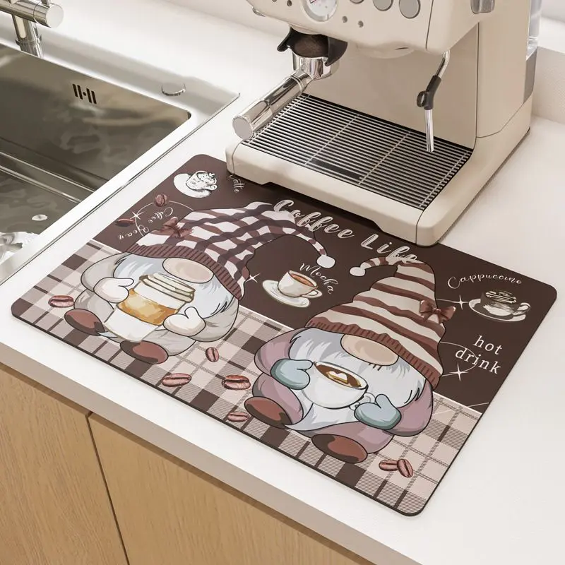 VIKAMA Black Polka Dot Smiley Face Letter Kitchen Drain Mat, Anti-Slip Coffee Machine Tableware, Protection Mat