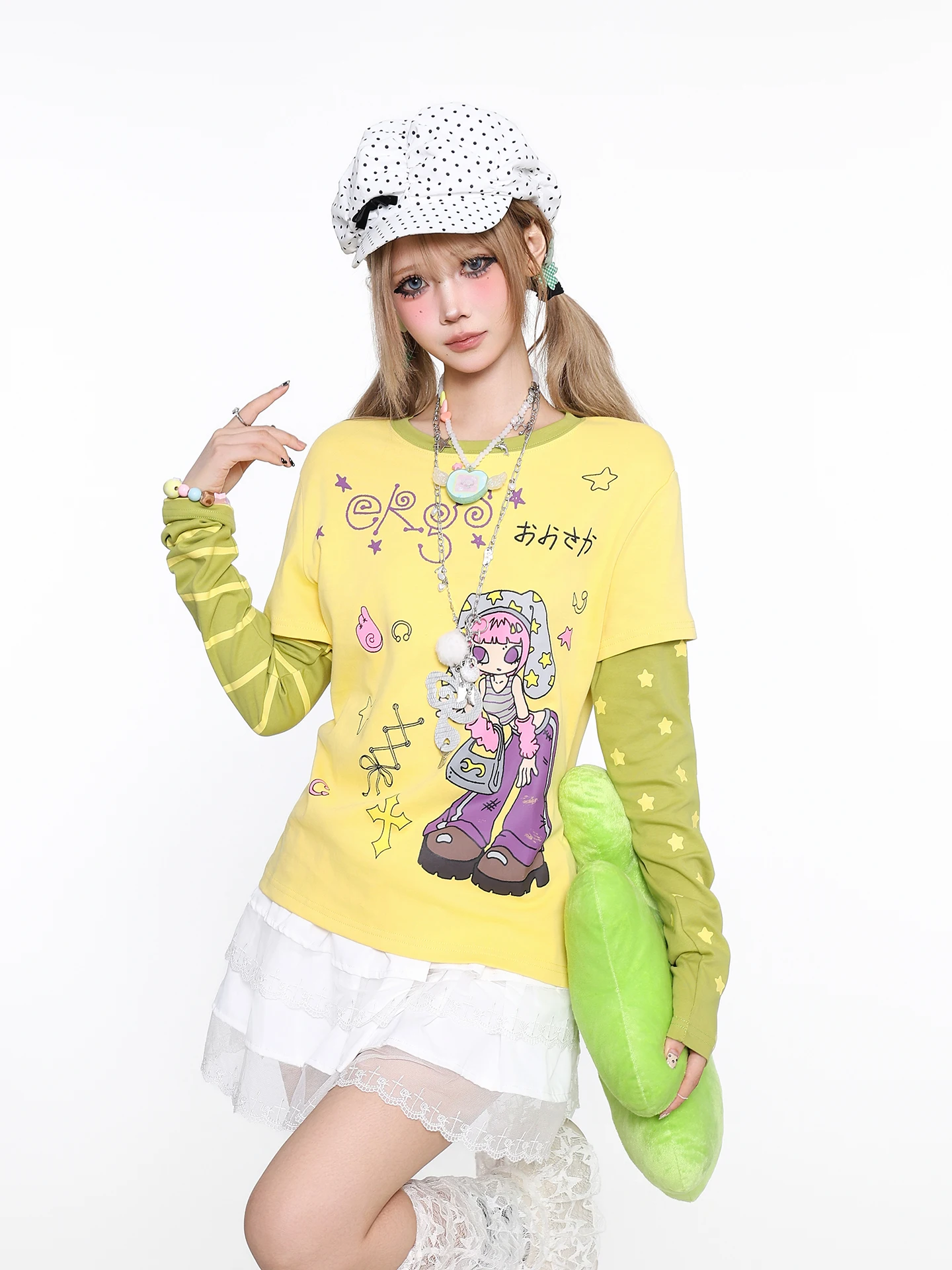 Orange Jam YO Cute Retro Cartoon Pattern Fake Two-Piece T-Shirt for Women Slimming Versatile Casual Long Sleeve Top