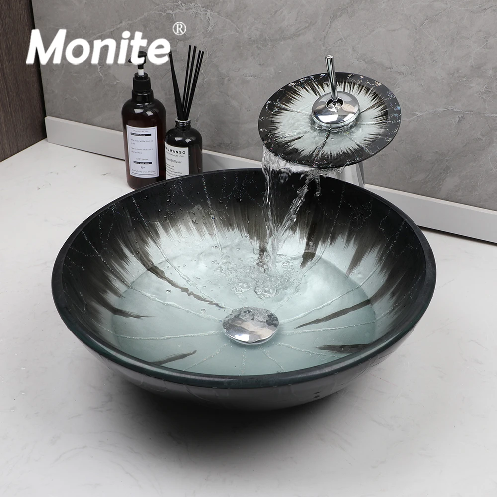

Monite Round Tempered Glass Bathroom Vessel Vanity Print Color Sink Bowl with Sink Waterfall Mixer Tap & Pop-up Drain Combo Kit